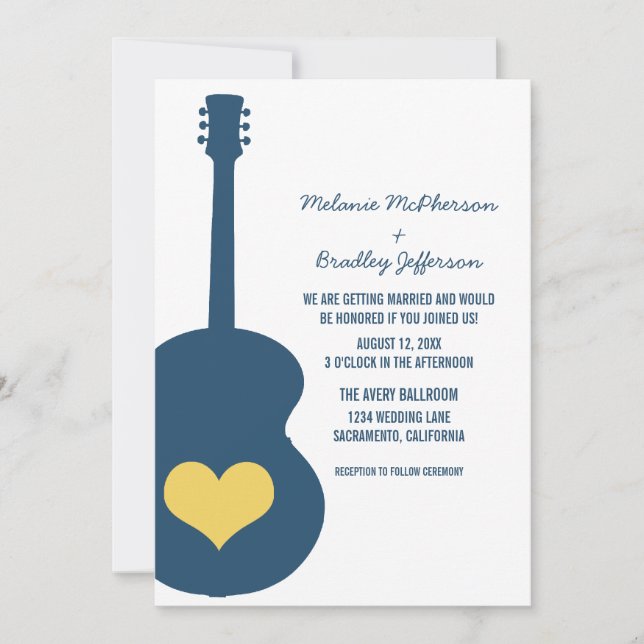 Blue/Yellow Guitar Heart Wedding Invite (Front)