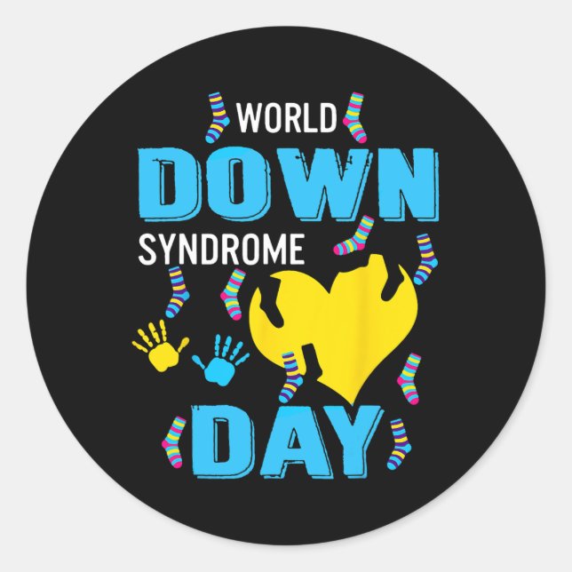 Blue Yellow Heart 21 World Down Syndrome Awareness Classic Round Sticker (Front)