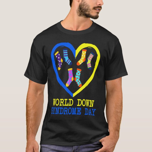 Blue Yellow Heart 21 World Down Syndrome Awareness T-Shirt (Front)
