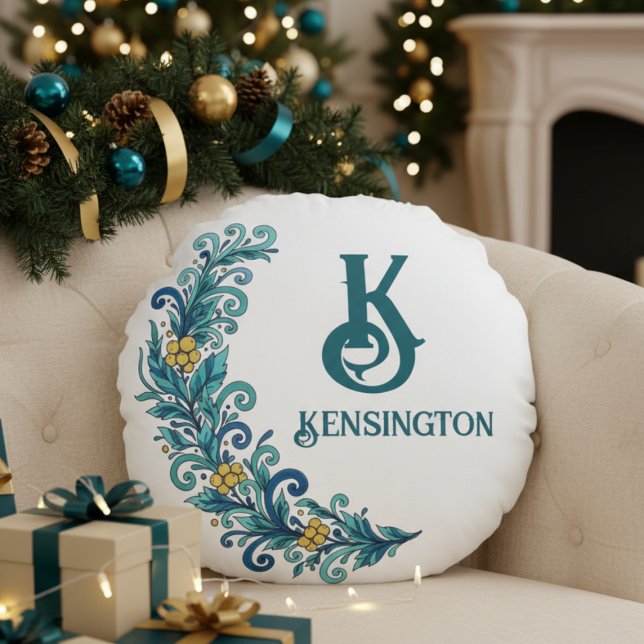 Blue Yellow Holiday Greenery Swag Decor Round Cushion (Personalized monogram family name greenery wreath decorative pillow)