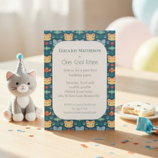 Blue & Yellow Kitty Cat One Cool Kitten Birthday Invitation