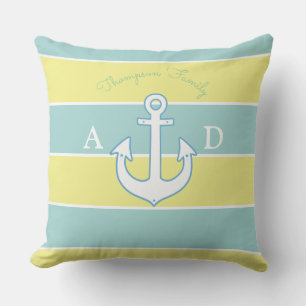 blue & yellow large stripes nautical & monogrammed outdoor cushion