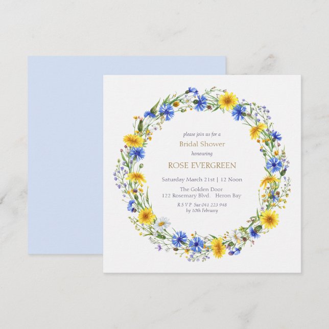 Blue Yellow Lavender Wildflower Wreath  Invitation (Front/Back)