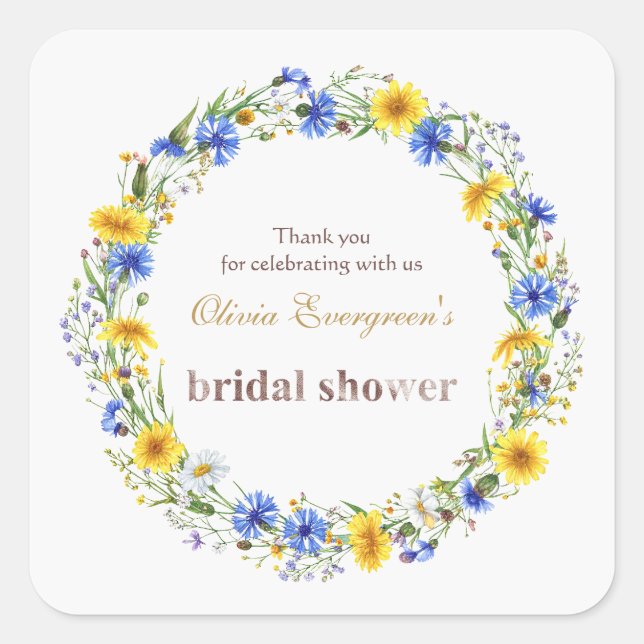 Blue Yellow Lavender Wildflower Wreath Square Sticker (Front)