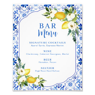 Blue Yellow Lemon Bridal Shower Bar Menu Sign
