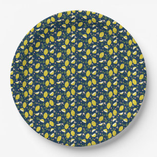 Blue yellow lemon fruit bright summer paper plate