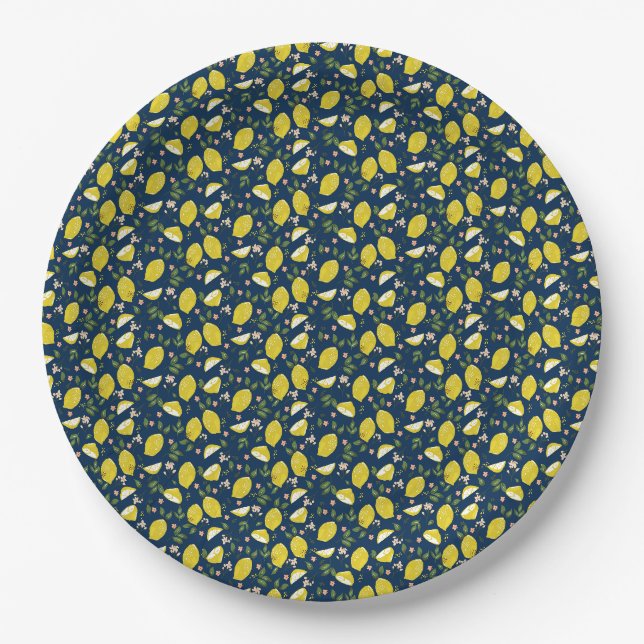 Blue yellow lemon fruit bright summer paper plate (Front)