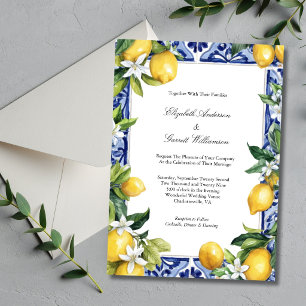 Blue Yellow Lemon Mediterranean Tile Wedding Invitation