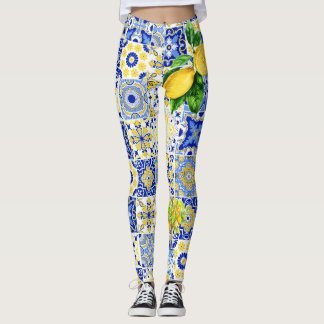 Blue & Yellow Lemon Tile Dolce Pattern Leggings