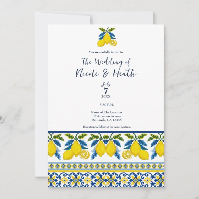 Blue Yellow Lemon Watercolor Mediterranean Wedding Invitation (Front)