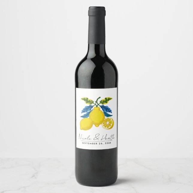 Blue Yellow Lemon Watercolor Mediterranean Wedding Wine Label (Front)