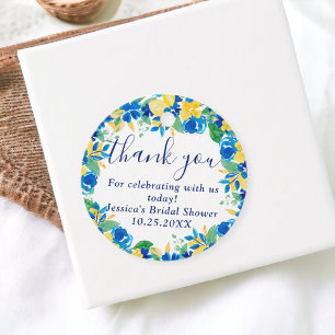 Blue yellow lemons floral watercolor bridal shower favour tags