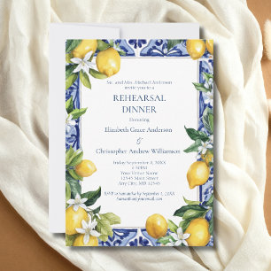 Blue Yellow Lemons Mediterranean Rehearsal Dinner  Invitation