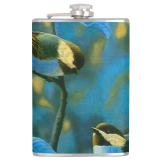 Blue yellow little birds hip flask