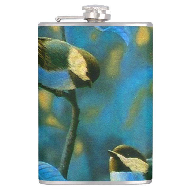 Blue yellow little birds  hip flask (Front)