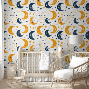 Blue Yellow Lullaby Moon and Stars Wallpaper
