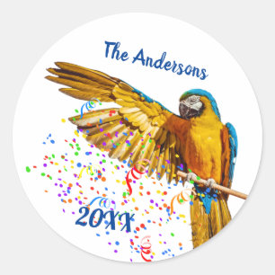 Blue & Yellow Macaw Throws Confetti Classic Round Sticker