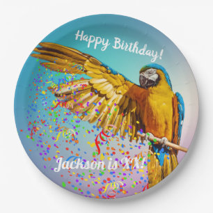 Blue & Yellow Macaw Throws Confetti      Paper Pla Plate