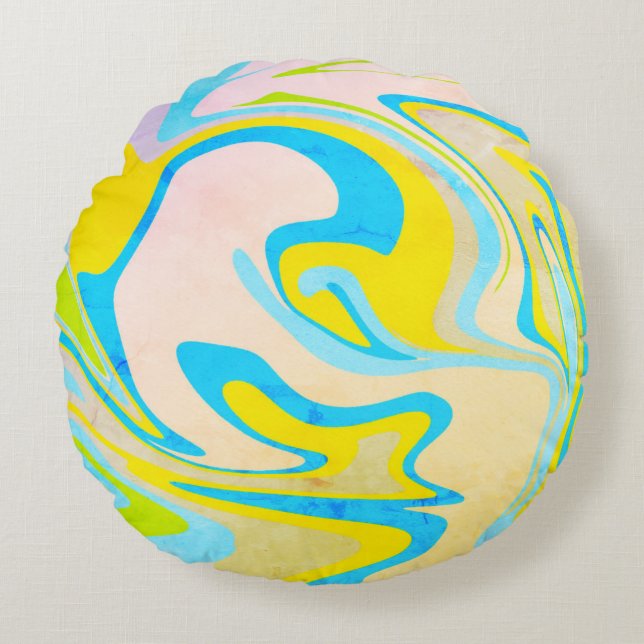 Blue & Yellow Marble Print Round Pillow (Front)