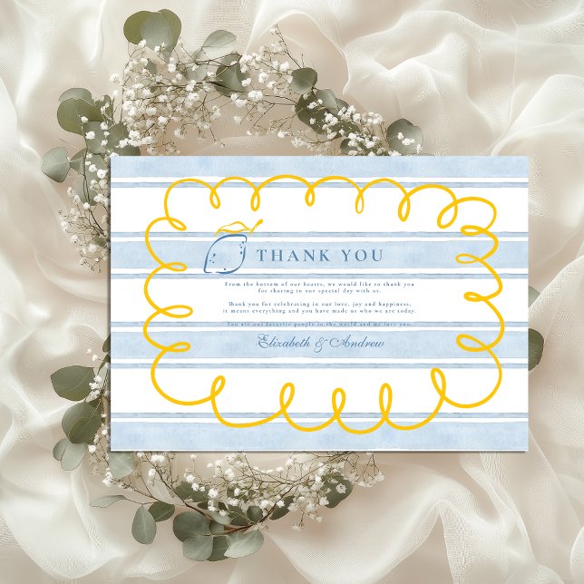 Blue Yellow Mediterranean Lemon Wedding Thank You Card (Creator Uploaded)