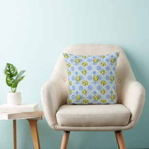 Blue Yellow Mediterranean Lemons Italian Amalfi Cushion