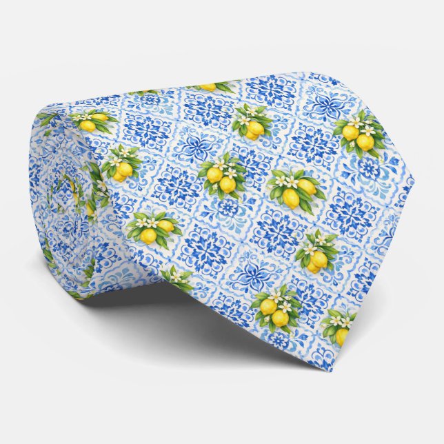 Blue Yellow Mediterranean Lemons Italian Amalfi Tie (Rolled)