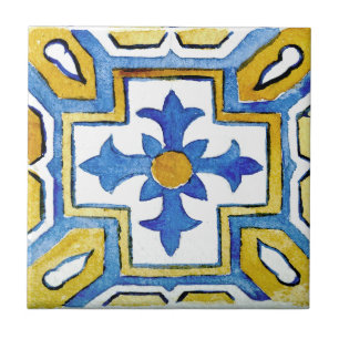 Blue & Yellow Mediterranean Patterned Watercolor Tile