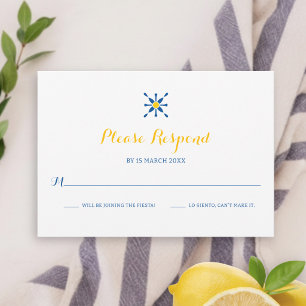 Blue Yellow Mediterranean Tile Icon Wedding RSVP Card