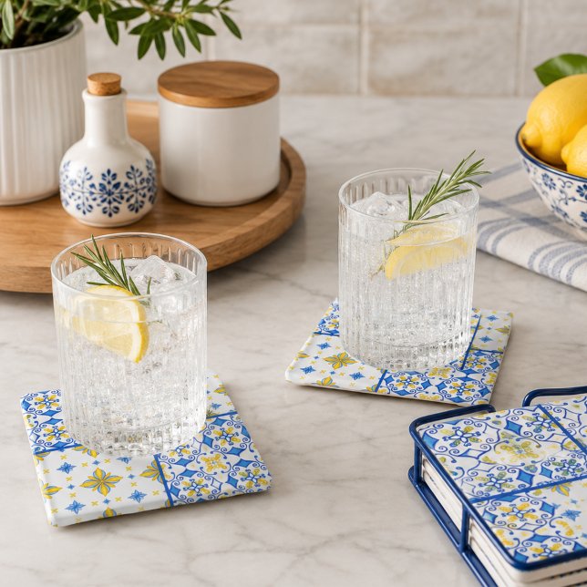 Blue Yellow Mediterranean Tile Kitchen Glass Coaster (Creator Uploaded)