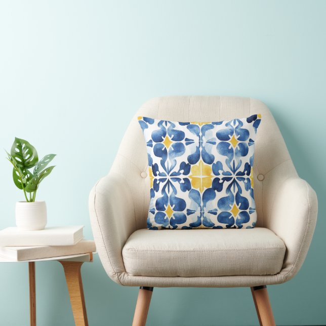 Blue & Yellow Mediterranean Tile – Modern Coastal  Cushion (Chair)