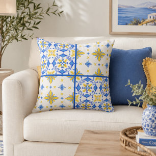 Blue Yellow Mediterranean Tile Patchwork  Cushion