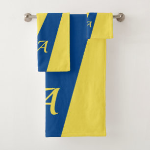 Blue yellow modern elegant chic bold monogrammed bath towel set