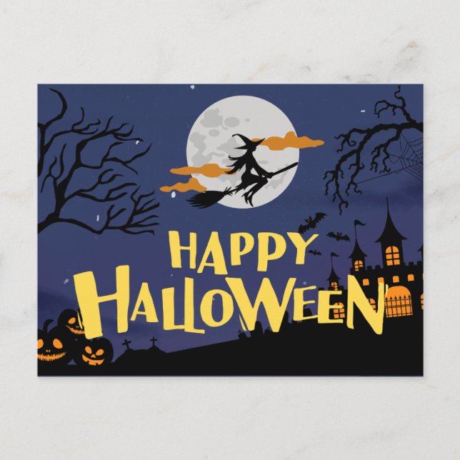  Blue Yellow Modern Happy Halloween  Holiday Postcard (Front)