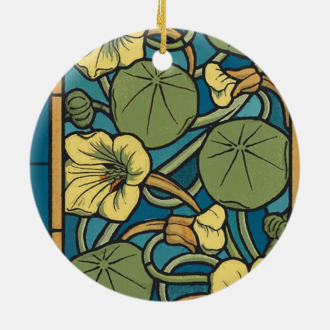 Blue Yellow Nasturtium Flower Nouveau Pattern Ceramic Tree Decoration (Back)
