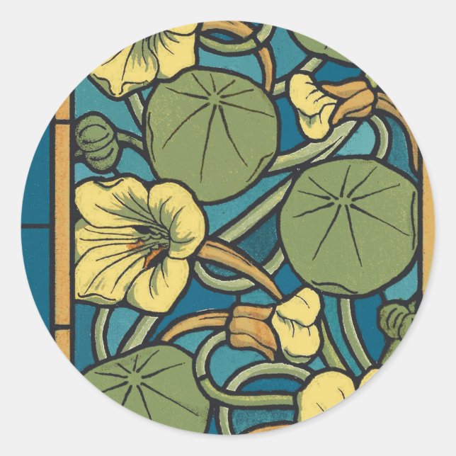 Blue Yellow Nasturtium Flower Nouveau Pattern Classic Round Sticker (Front)