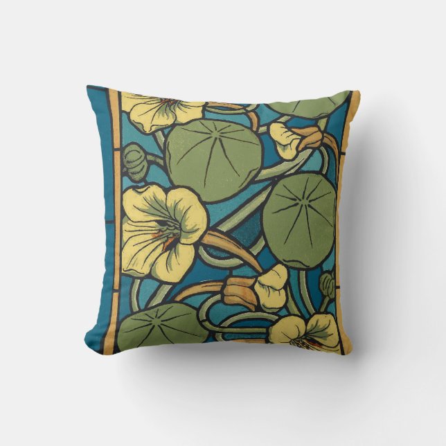 Blue Yellow Nasturtium Flower Nouveau Pattern Cushion (Front)