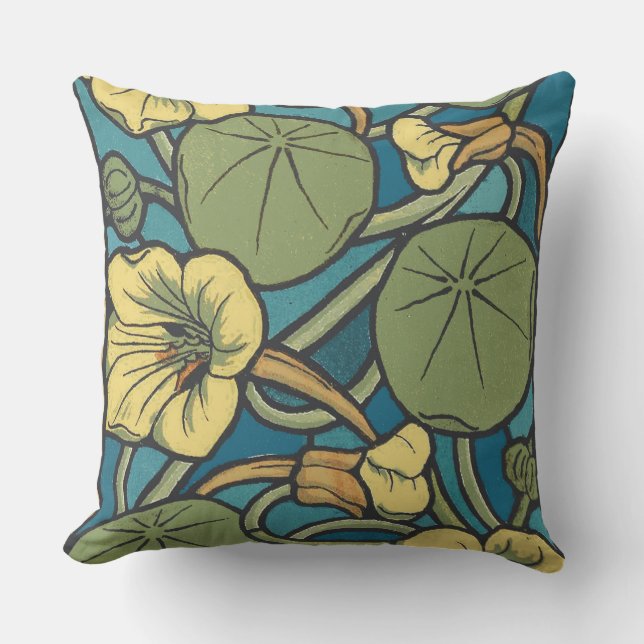 Blue Yellow Nasturtium Flower Nouveau Pattern Cushion (Front)