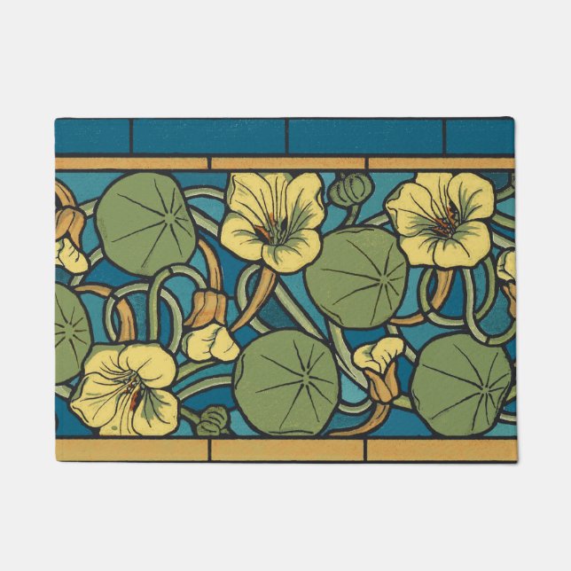 Blue Yellow Nasturtium Flower Nouveau Pattern Doormat (Front)