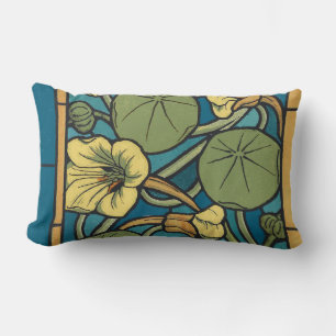 Blue Yellow Nasturtium Flower Nouveau Pattern Lumbar Cushion