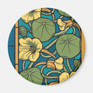 Blue Yellow Nasturtium Flower Nouveau Pattern Magnet