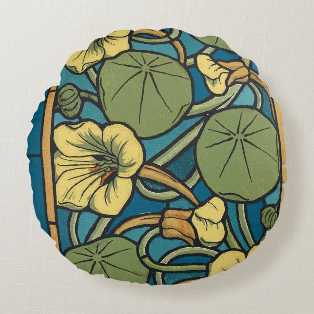 Blue Yellow Nasturtium Flower Nouveau Pattern Round Cushion (Front)