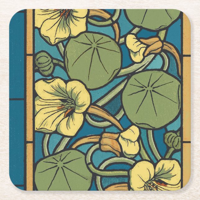 Blue Yellow Nasturtium Flower Nouveau Pattern Square Paper Coaster (Front)