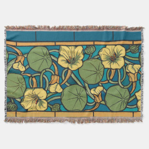 Blue Yellow Nasturtium Flower Nouveau Pattern Throw Blanket