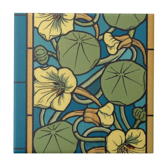 Blue Yellow Nasturtium Flower Nouveau Pattern Tile (Front)
