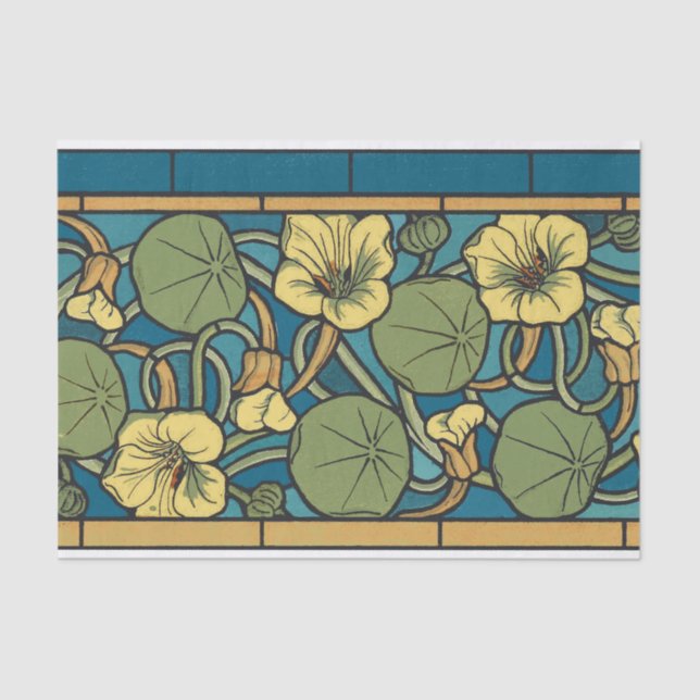 Blue Yellow Nasturtium Flower Nouveau Pattern Tissue Paper (Front)