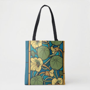Blue Yellow Nasturtium Flower Nouveau Pattern Tote Bag