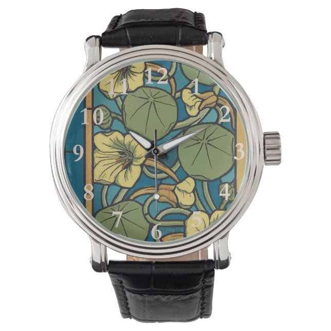 Blue Yellow Nasturtium Flower Nouveau Pattern Watch (Front)
