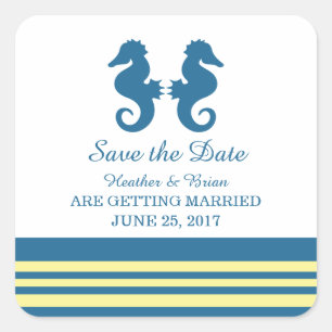 Blue Yellow Nautical Seahorse Save the Date Square Sticker