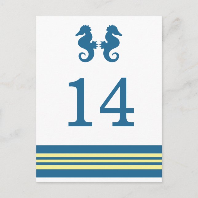 Blue Yellow Nautical Seahorse Table Postcard (Front)