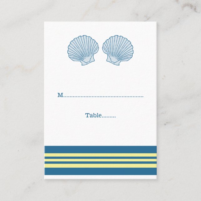 Blue Yellow Nautical Seashells Wedding Place Cards (Front)